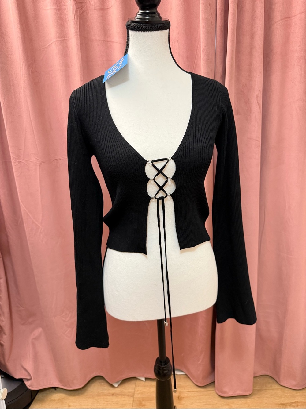 NWT VRG GRL Black Ribbed Lace-Up Cardigan